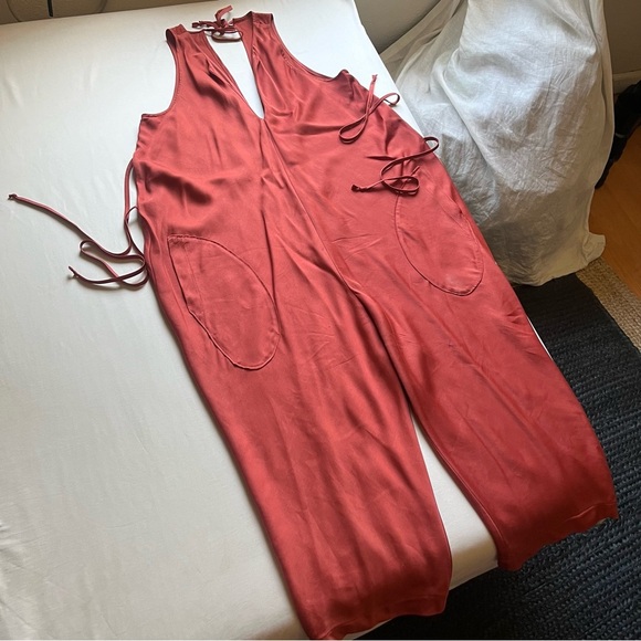 JILL AIKO YEE rust clay red satin straight wide leg cropped sleeveless jumpsuit